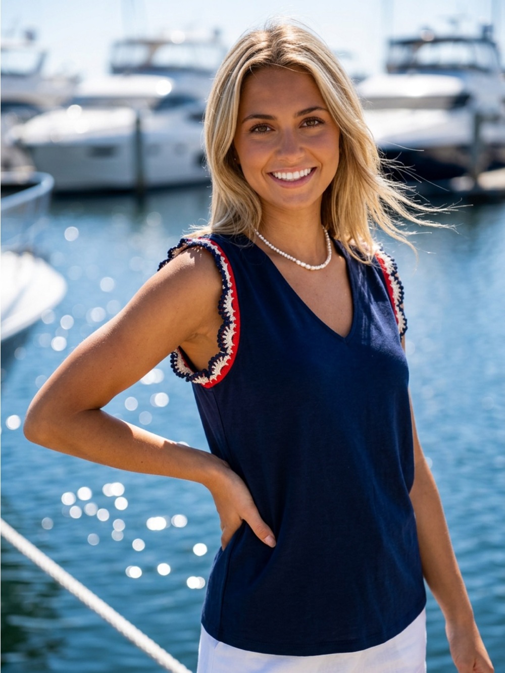 Nautica Navy Sleeveless V-Neck Top with Red & White Trim